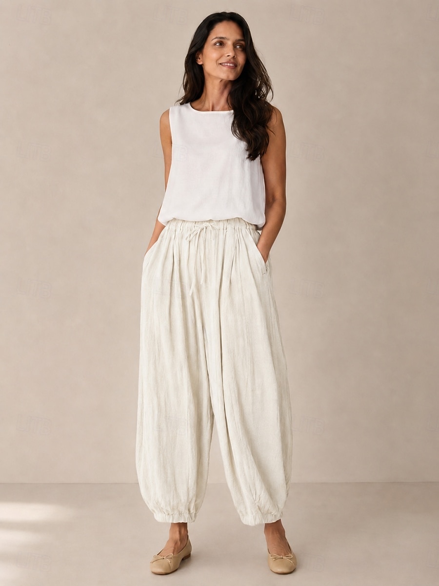 Calça lanterna feminina de linho orgânico com cintura elástica e bolsos. de 2026 por $49.99 –P8