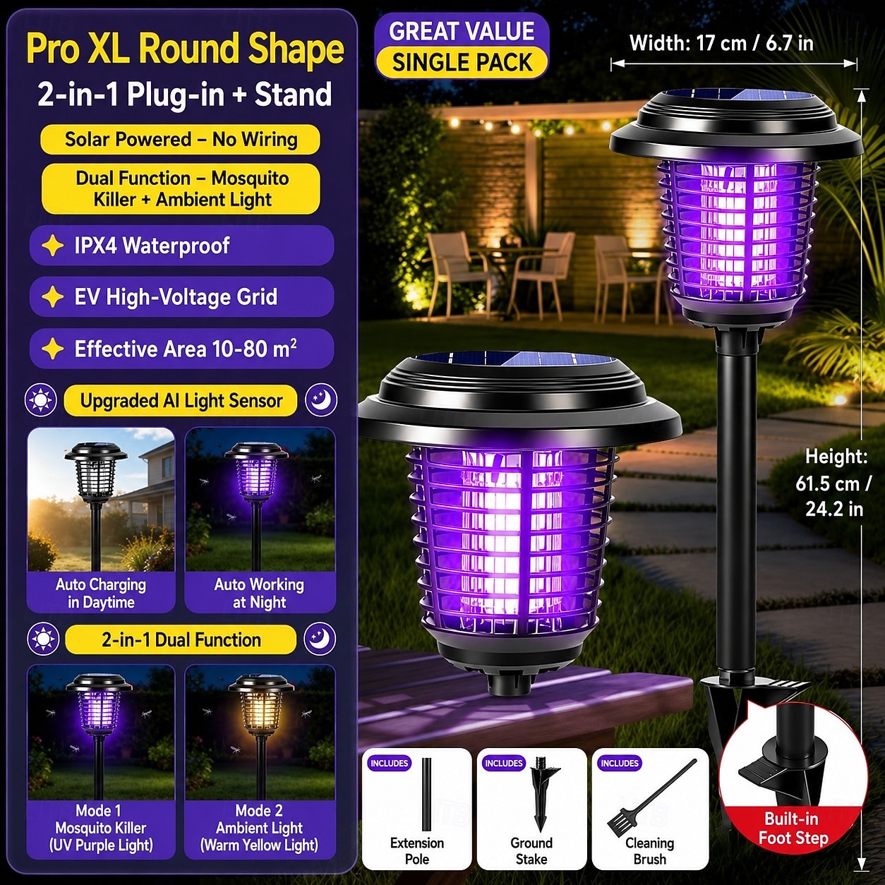 Solar Bug Zapper Outdoor, Solar Mosquito Zapper, Rechargeable Battery, Waterproof Electric Fly Zapper for Patio, Backyard, Garden, Camping 2026 - $35.99 –P7