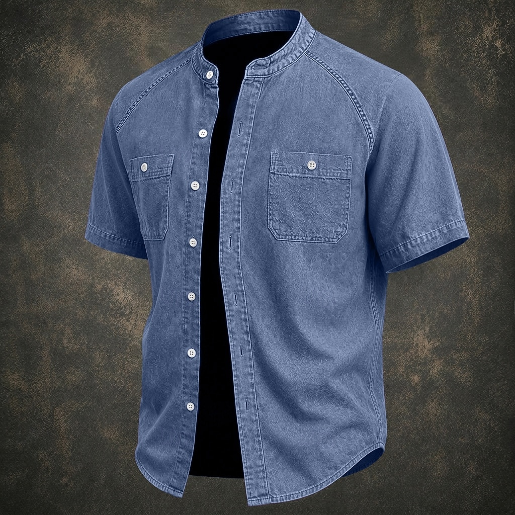 SoftFade™ Men Shirt Casual Shirt Button Up Shirt Cotton Acid Wash Shirt Black Light Green Pink Purple khaki Short Sleeve Plain Grandad Collar Casual Daily Front Pocket Clothing Apparel Elegant Fashion 2026 - $31.99 –P8