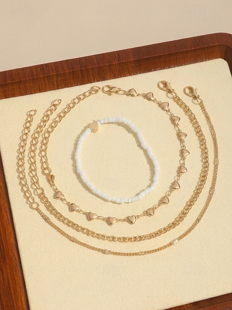 Dames enkelbandjesset van 4 stuks in boho-stijl, goudkleurige legering enkelbandjes met hartvormige bedeltjes en witte kralen, zomerse strandvakantie sieraden voor vrouwen 2026 - $7.99 –P4