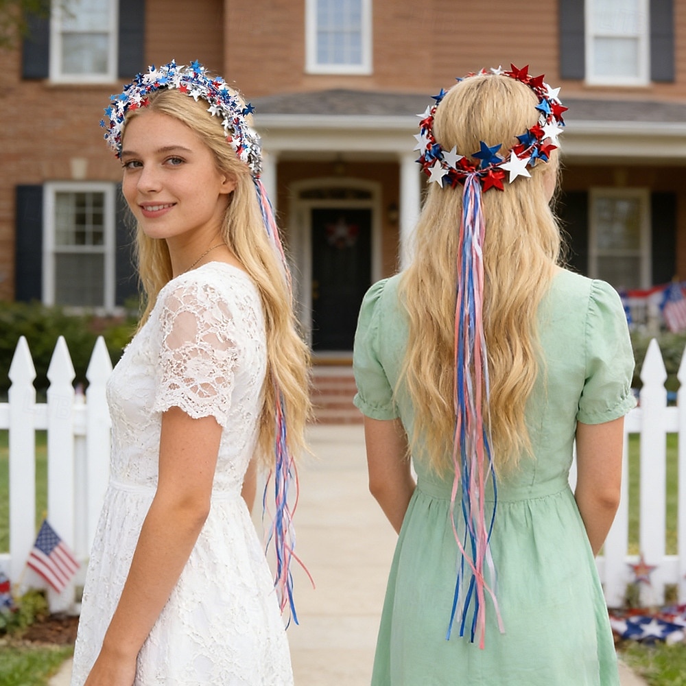 2 PCS Sparkling Americana Star Crown Headbands with Flowing Ribbons, Patriotic Red White Blue Hair Accessories for 4th of July Independence Day, Memorial Day, Veterans Day, Parades, Festivals 2026 - $11.99 –P5