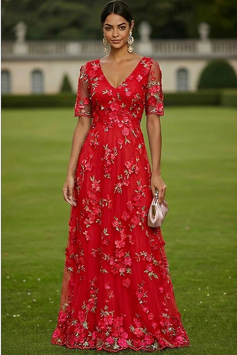 Linea ad A Abito Lunghezza al pavimento Vestito maxi Vestito da Festa Abito da Cocktail Abito da cerimonia per signora Manica Corta Scollo profondo Elegante Vintage Lussuoso Formale Ospite di nozze del 2026 a $182.99 –P14