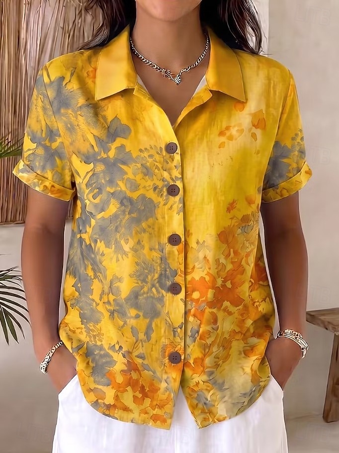 Women's Shirt Buttons Print Floral Graphic Daily Stylish Casual Short Sleeve Shirt Collar Long Tops Casual Daily Blue Yellow Pink Summer Spring 2026 - $26.99 –P6