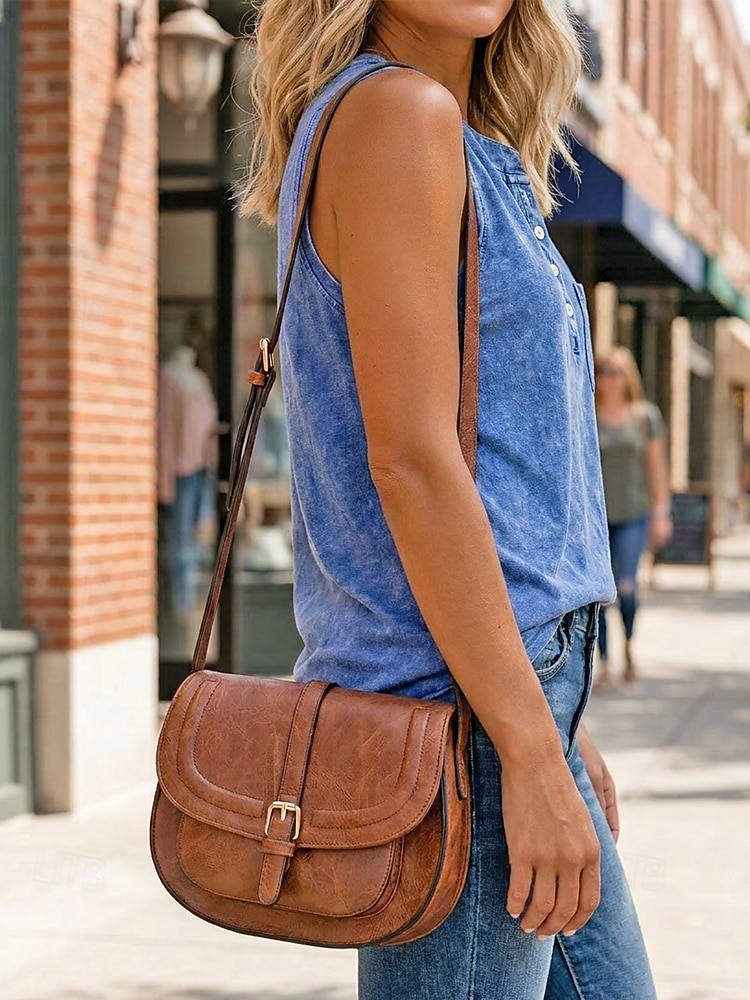 Retro-Umhängetasche aus braunem Kunstleder für Damen im Boho-Vintage-Stil mit verstellbarem Riemen – ideal für Freizeit, Reisen und Sommer. 2026 - $18.99 –P3
