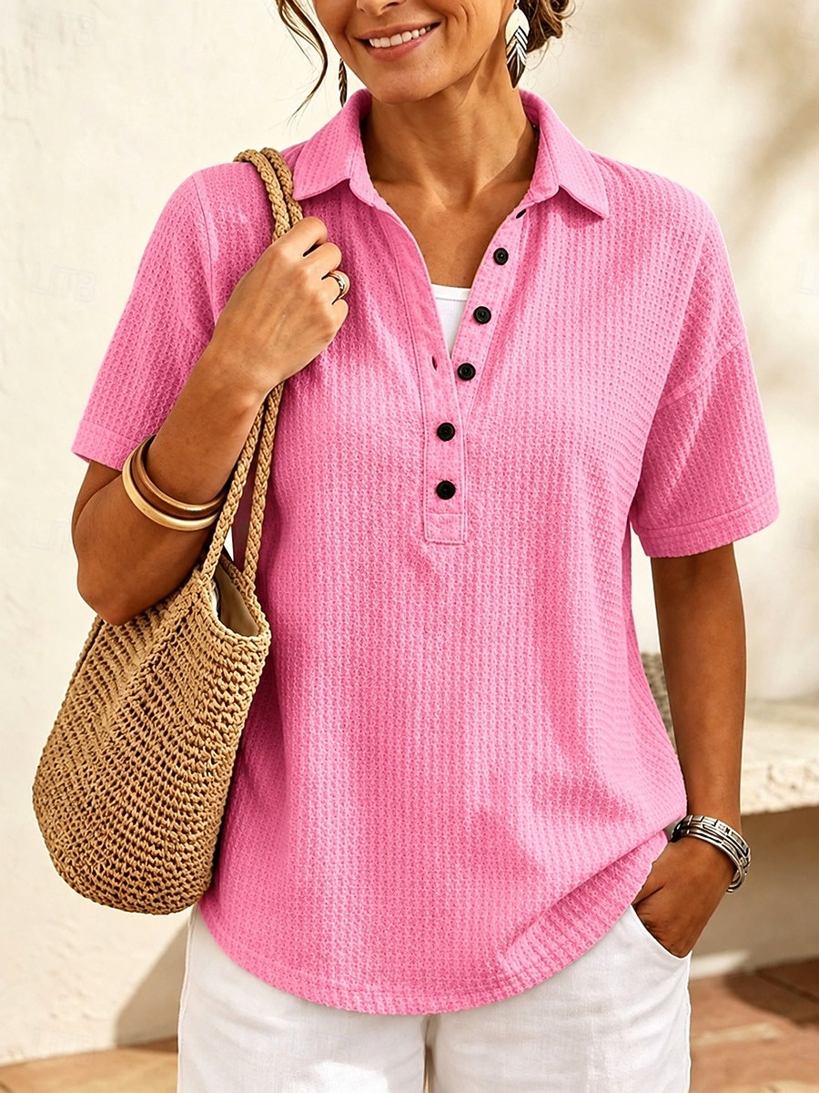 Women's Waffle T-shirt Polo Henley Shirt Buttons Solid Color Plain Vintage Stylish Classic Short Sleeve Shirt Collar Long Tops Casual Daily Blue White Black Pink Red Summer Spring 2026 - $27.99 –P5