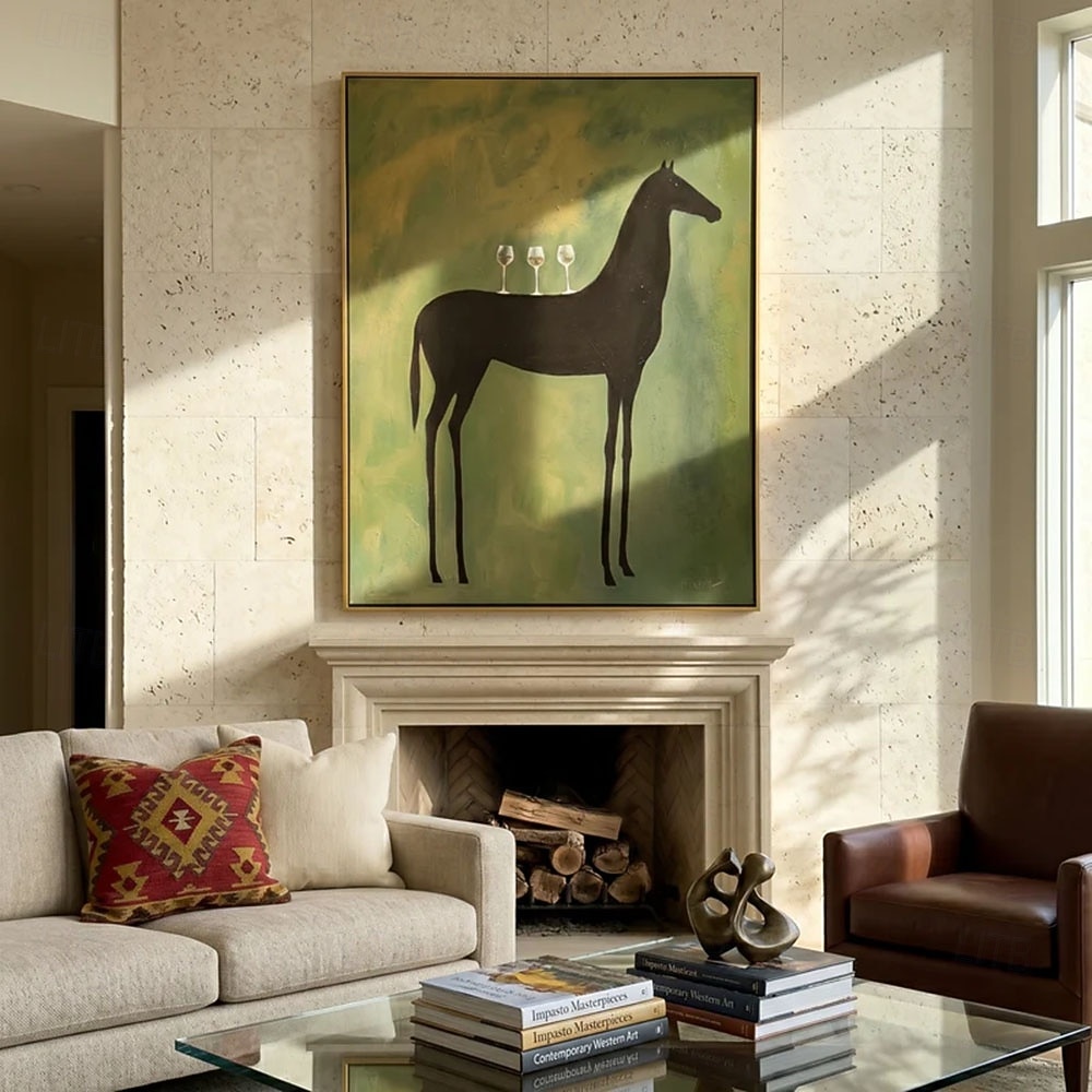 Hand painted Modern Abstract Animal paintings Horse Art Original Surreal Horse Painting with Martini Glasses Olive Green Minimalist Black Animal Wall Art 2026 - $118.99 –P4
