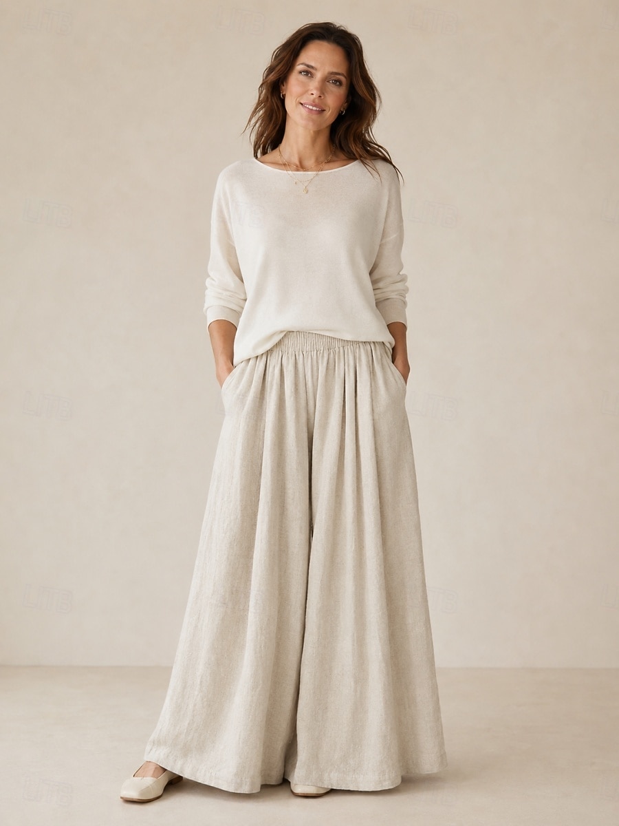 Damen-Leinenhose mit weitem Bein, mittelhoher Bund, durchgehende Taschen, elastischer Bund, Vintage-Stil, Resort-Look, lässig, Reisweiß 2026 - $45.99 –P2
