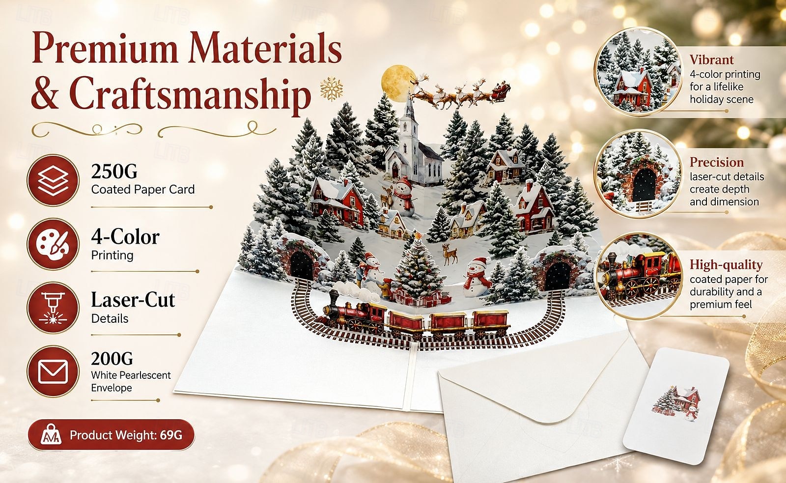 Biglietto di auguri natalizio tridimensionale a comparsa, con grande scena di un villaggio invernale e treno a vapore. &Slitta di Babbo Natale, biglietto d'auguri natalizio fatto a mano per bambini del 2026 a $12.99 –P3