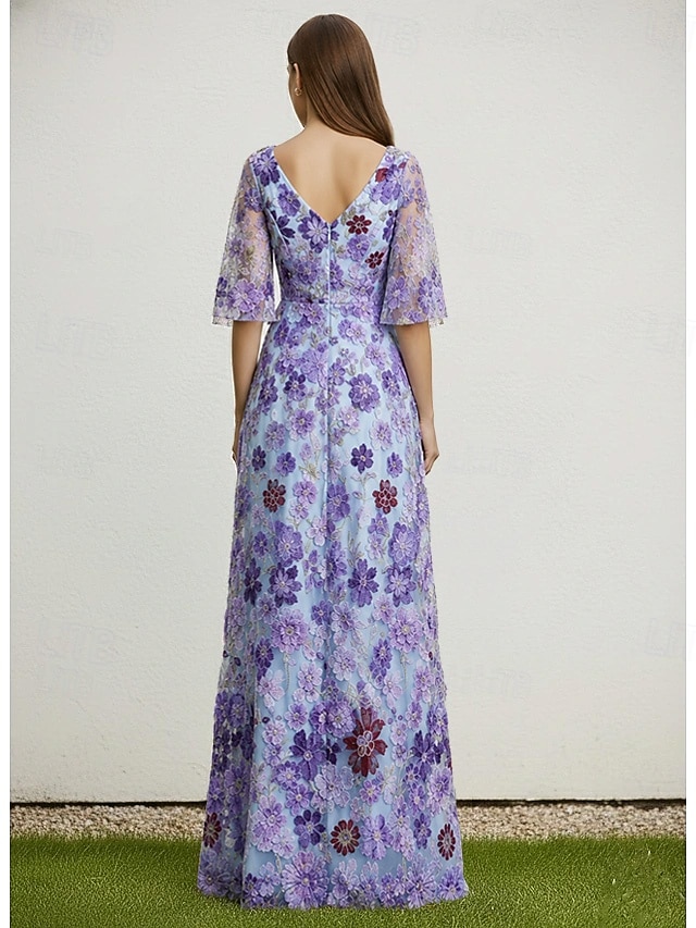 A-Line Floor Length Mother of the Bride Dress Short Sleeve V Neck Elegant Vintage Luxurious Formal Wedding Guest Wedding Party Chiffon Lace with Floral Print 3D Flowers Embroidery 2026 - $194.99 –P3