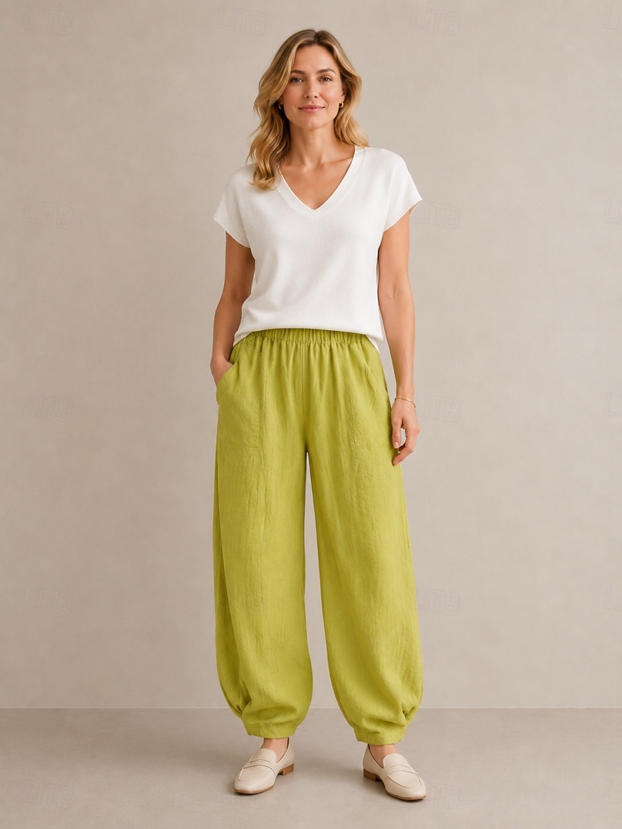 Pantalon bloomer en lin pour femme, taille mi-haute, longueur cheville, poche, ceinture élastique, idéal pour les vacances de 2026 ? $49.99 –P3