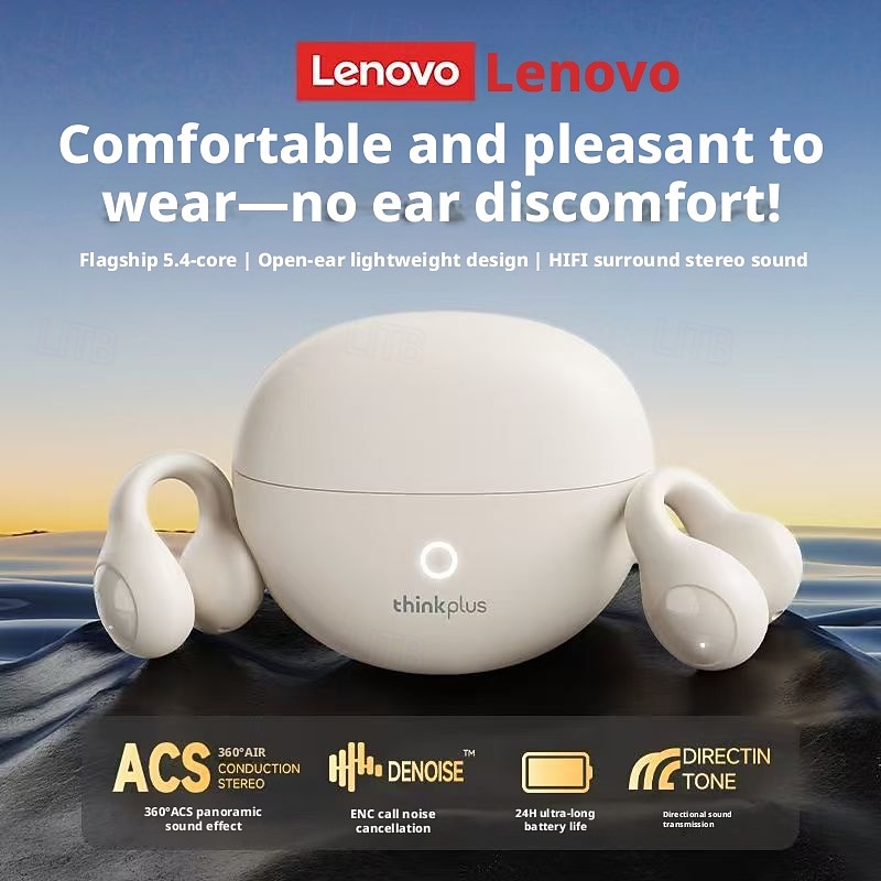 Lenovo ThinkPlus open-ear hoofdtelefoon, Bluetooth 5.4 draadloze clip-on oordopjes met luchtgeleiding, 360° ACS hifi stereo draadloze oordopjes met ENC ruisonderdrukkende microfoon, 24 uur 2026 - $35.99 –P9