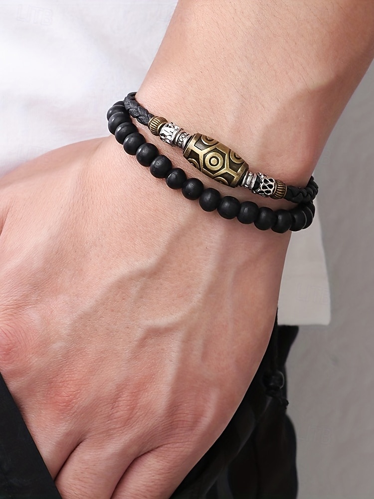 Men's Bohemian Necklace and Bracelet Set, Black Leather Beaded Jewelry, Antique Metal Accents, Summer Casual Accessory for Men, Perfect for Vacation, Festival, Daily Wear, Multiple Uses 2026 - $14.99 –P5