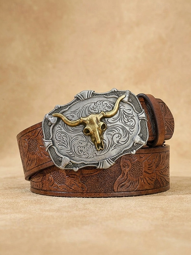 Men's Western Cowboy Belt, Vintage Embossed Faux Leather Belt for Men, Adjustable Length Country Style Waistband with Large Bull Skull Buckle, Retro Rodeo Jeans Accessory, Black Brown Colors 2026 - $14.99 –P7