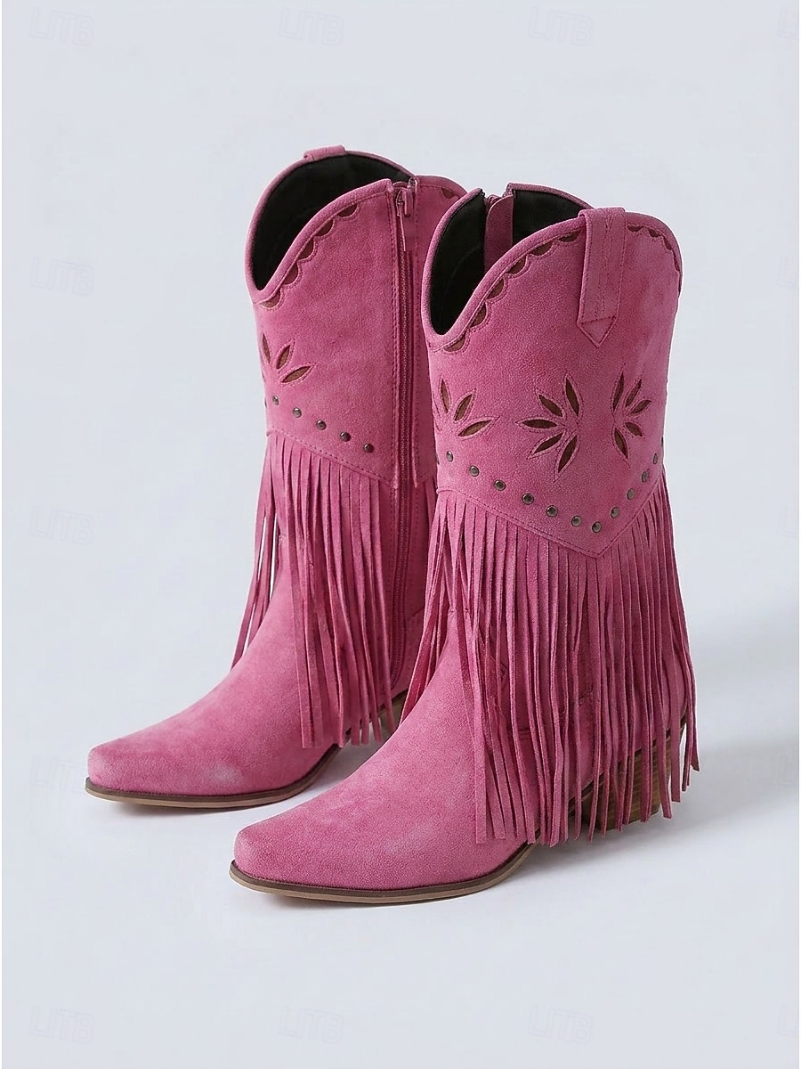 Botas vaqueras de mujer estilo western con flecos, botas beige bordadas a media pantorrilla con tacón grueso para festivales de música al aire libre, conciertos country y fiestas bohemias. 2026 - $84.99 –P5