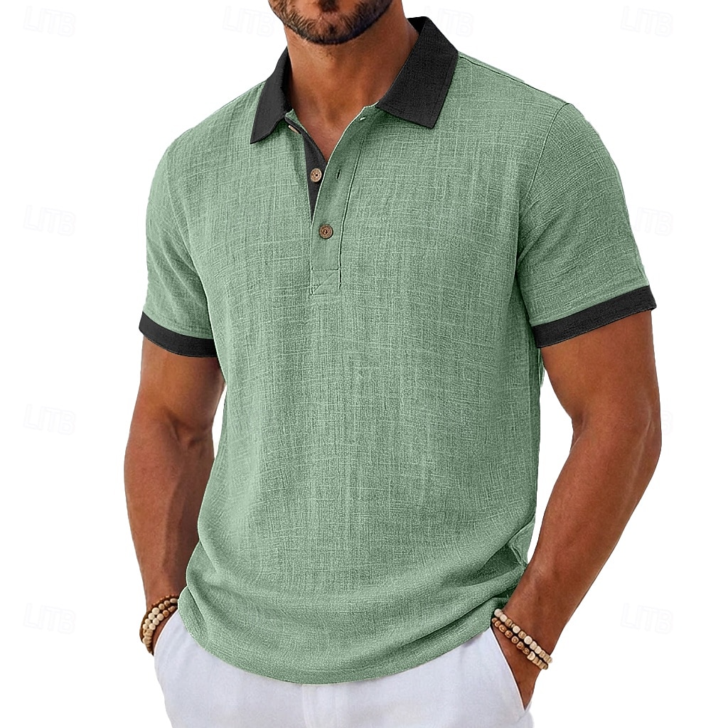 Men's Linen Shirt Polo Shirts Casual Vacation Classic Short Sleeve Fashion Solid Color Textured Color Block Buttons Summer Spring Regular Fit Light Green Green Gray Light Blue Linen Shirt 2026 - $22.99 –P2