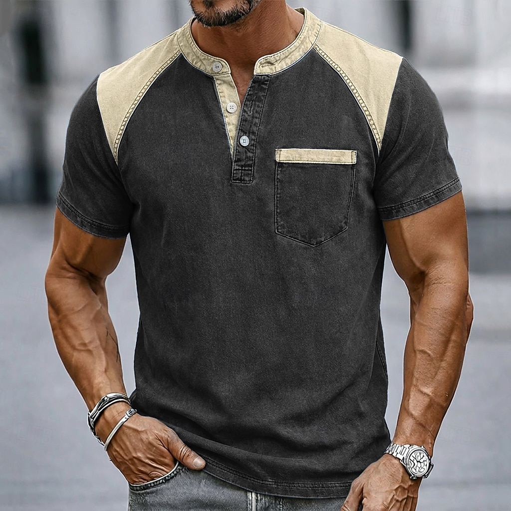 Men's T Shirt Henley Shirt 100% Cotton Acid Wash Shirt Tee Top Short Sleeve Plain Vintage Streetwear Casual Color Block Garment Dyed Raglan Sleeves Henley Casual Home Street Fall & Winter Summer 2026 - $35.99 –P9