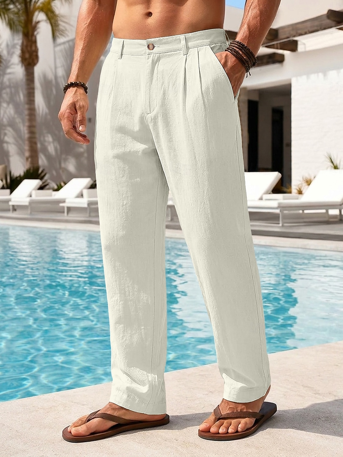 Men's Cotton Linen Pants Trousers Summer Pants Baggy Pants Beach Pants Pleated Pocket Solid Color Comfort Breathable Full Length Casual Daily Outdoor Vacation Fashion Loose Fit Blue White Inelastic 2026 - $29.99 –P3