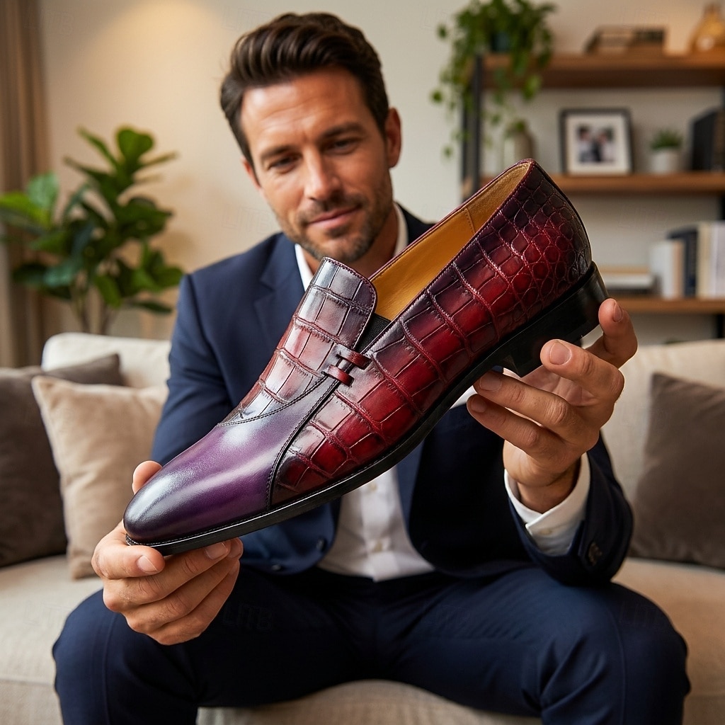 bordowe mokasyny męskie z wytłoczonym wzorem krokodyla, wsuwane buty wizytowe, eleganckie buty ze szpiczastym noskiem na wesele, bankiet, wieczorne imprezy 2026 - $109.99 –P1
