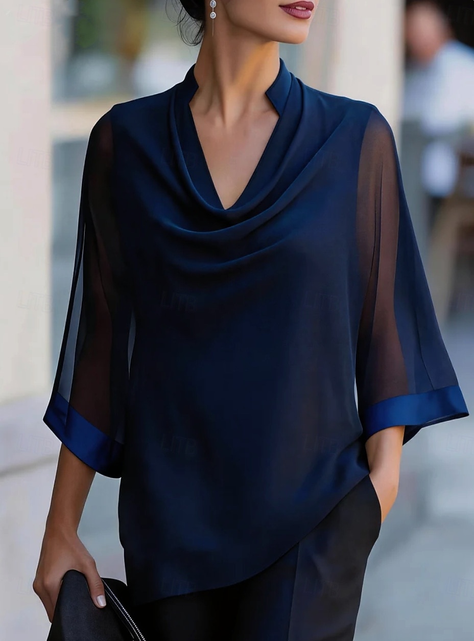 Women's Shirt Blouse Patchwork Solid Color Elegant Streetwear Daily 3/4 Length Sleeve V Neck Regular Tops Casual claret Black Navy Blue Apricot Summer Spring 2026 - $27.99 –P6