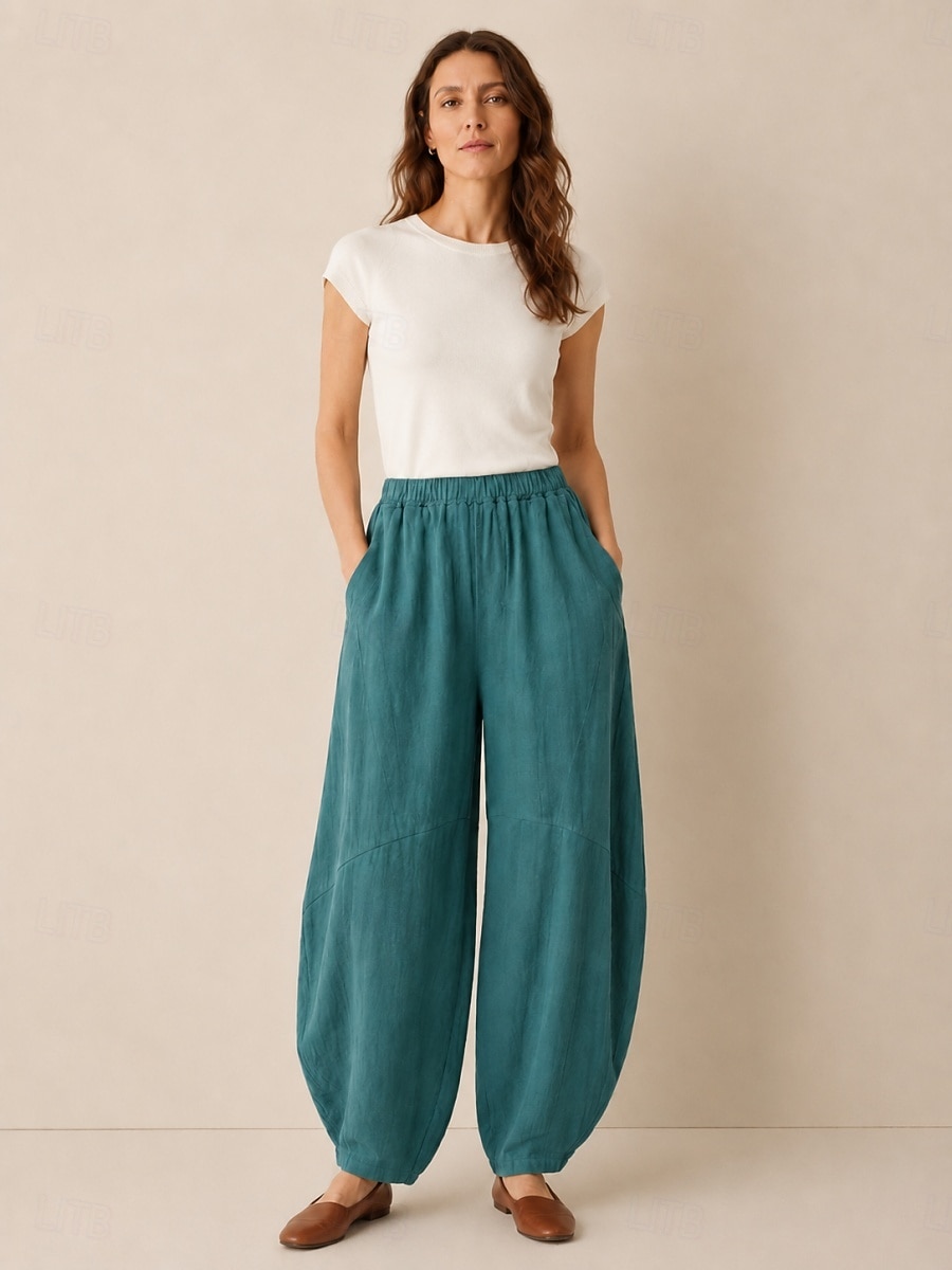 Women's Linen Bloomers Trousers Mid Waist Full Length Drawstring Pocket Vacation Blue Violet Green Summer Fall 2026 - $49.99 –P2