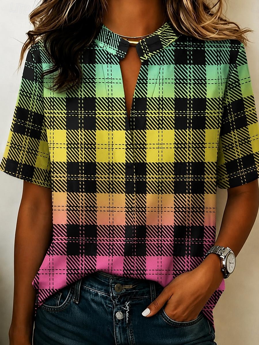 Women's Blouse Buttons Print Graphic Plaid Vintage Stylish Modern Half Sleeve Shirt Collar Regular Tops Casual Daily Yellow Green Summer Spring 2026 - $21.99 –P1