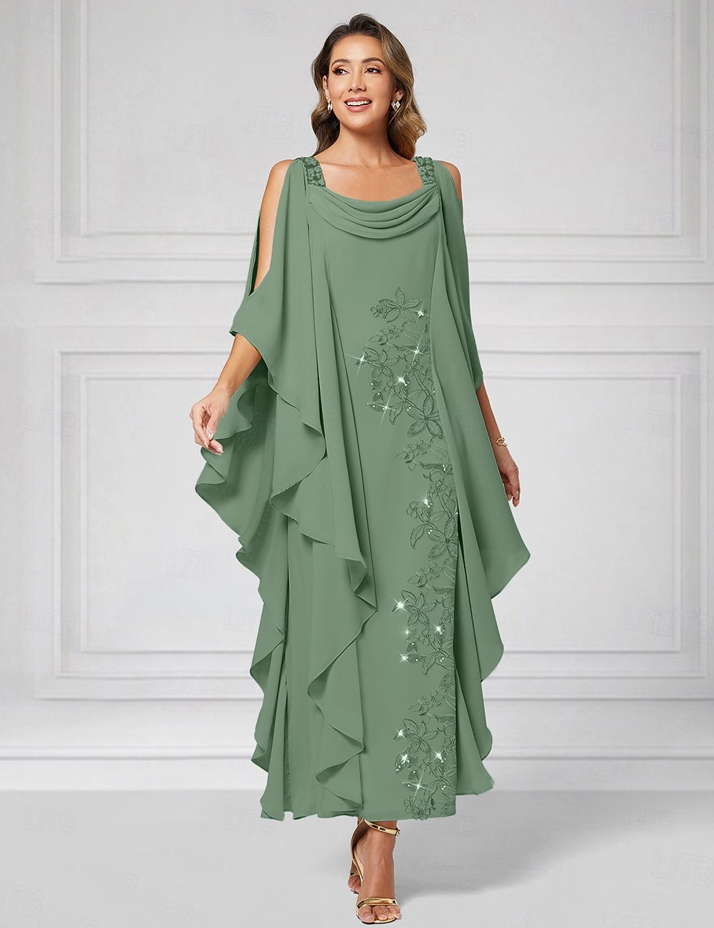 Tubinho Até o Tornozelo Vestido de festa Vestido Coquetel Vestido de convidada de casamento Vestido Para Mãe dos Noivos Meia Manga Decote Canoa Elegante Luxuoso Brilho & Glitter Convidado do casamento de 2026 por $183.99 –P1