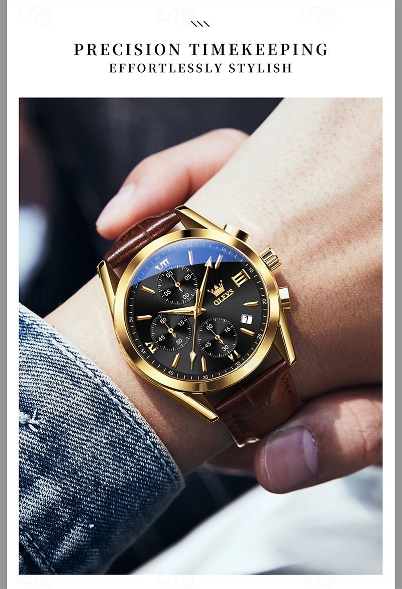 OLEVS Men's Luxury Watch Black Leather Strap Chronograph Waterproof Luminous Analog Quartz Wristwatch with Date Business Fashion Dress Watches for Men Gifts 2026 - $42.99 –P17