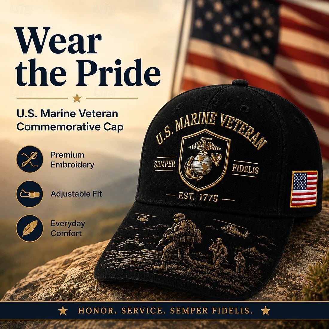Cappellino da baseball per veterani dei Marines statunitensi, cappello militare ricamato con toppa della bandiera americana, cappellino trucker patriottico regolabile per veterani, per tutti i giorni, del 2026 a $22.99 –P5