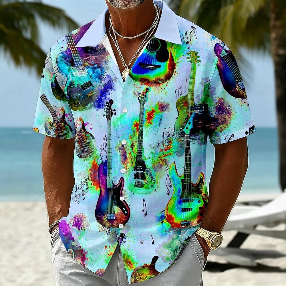 Men's Guitar Musical Instrument Shirt Summer Shirt Button Up Shirt Short Sleeve Vintage Retro Outdoor Beach Vacation Wear Summer Spring Turndown 3D Print Button Up Shirts Blue Yellow Purple Green 2026 - $25.99 –P2