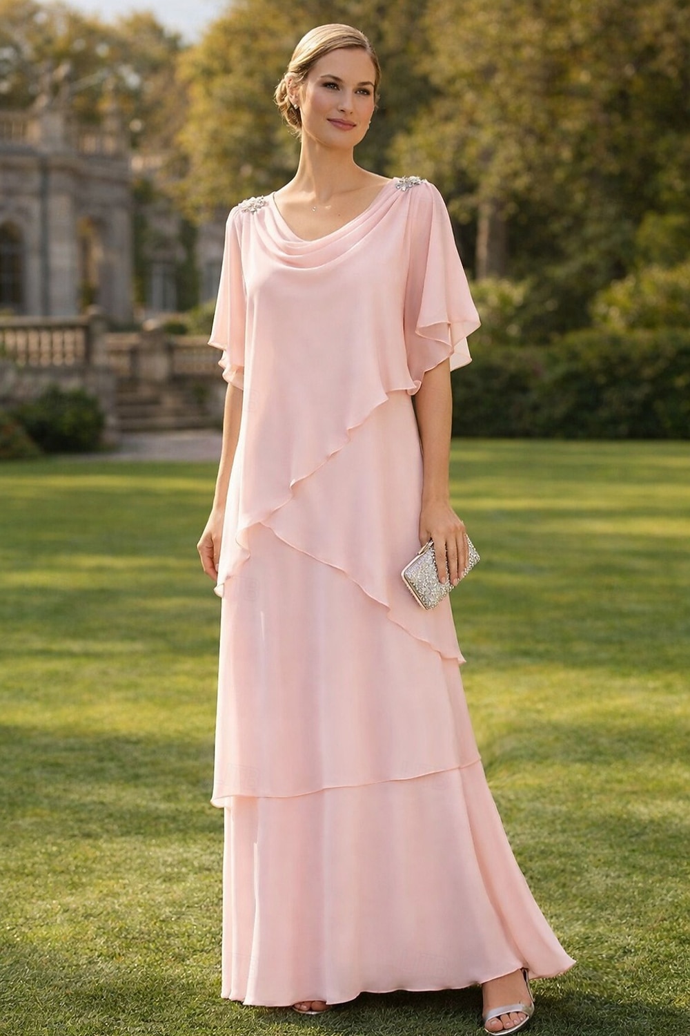A-Linie Bodenlang Kleid für Hochzeitsgäste Stufenkleid Abendkleid Brautmutterkleid Kurzarm Wasserfallausschnitt Elegant Formell Hochzeitsgast Semi-Formal Chiffon mit Rüschen Drapierung Stufen 2026 - $171.99 –P1