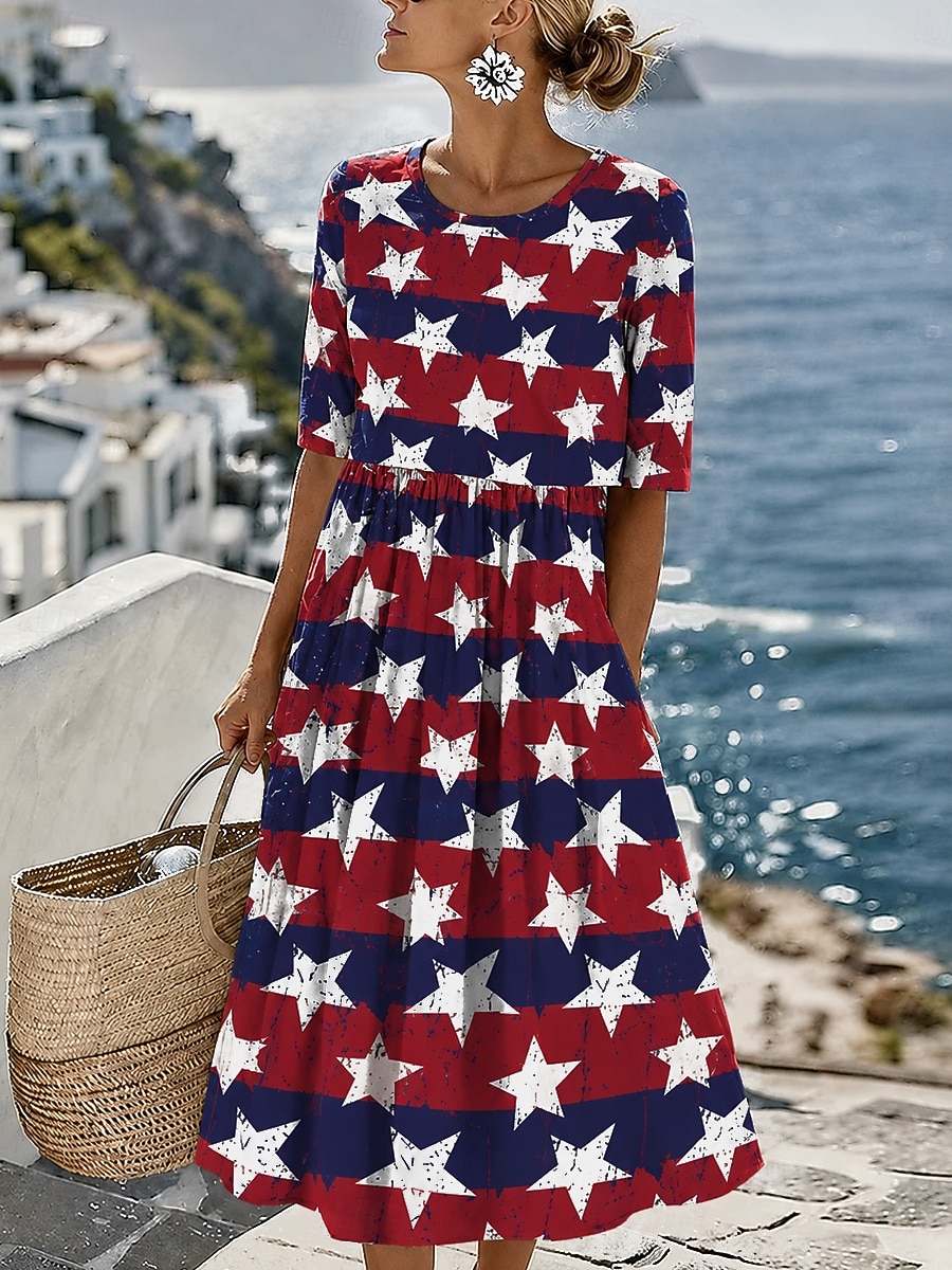American Independence Day Women's Midi Dress A Line Dress Vacation Casual Holiday Regular Fit Graphic Flag Half Sleeve Crew Neck Blue White Dark Red Red Summer Spring 2026 - $33.99 –P4
