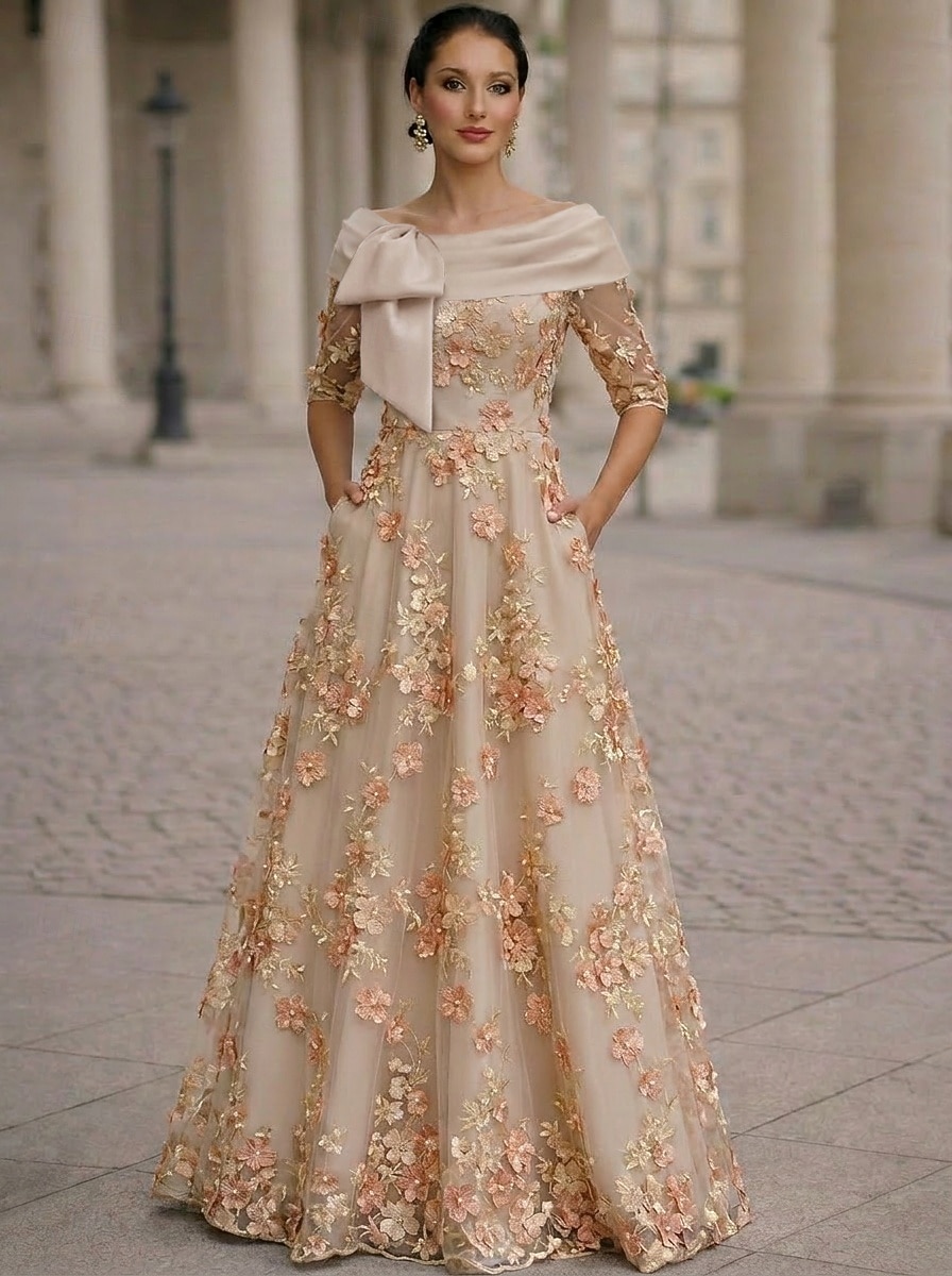 A-Line Floor Length Evening Gown Formal Dress Elegant Floral Sleeveless High Neck Garden Party Wedding Satin Organza with Embroidered Flower Bow(s) Embroidery 2026 - $194.99 –P1