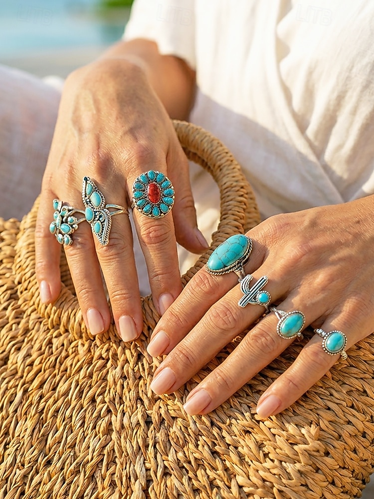 set di anelli turchesi da donna, anelli impilabili in lega d'argento vintage, gioielli boho sud-occidentali western da cowgirl, anelli vistosi con cactus floreali per vacanze, festival e uso del 2026 a $11.99 –P1