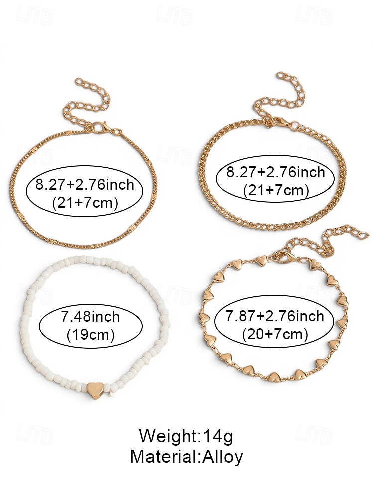 Dames enkelbandjesset van 4 stuks in boho-stijl, goudkleurige legering enkelbandjes met hartvormige bedeltjes en witte kralen, zomerse strandvakantie sieraden voor vrouwen 2026 - $7.99 –P5