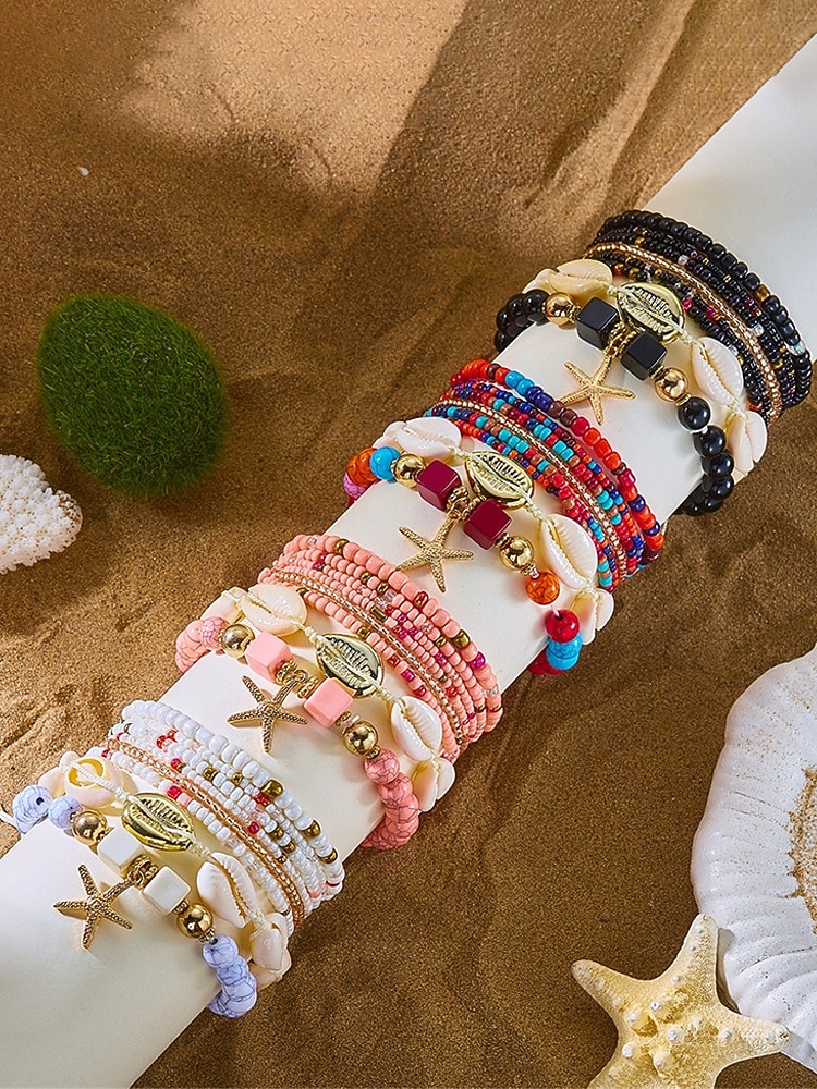 Conjunto de pulseiras femininas boho em camadas com 8 peças, pingente de estrela-do-mar e concha, em liga dourada, multifilamento, perfeitas para usar na praia, férias de verão e viagens. de 2026 por $11.99 –P6