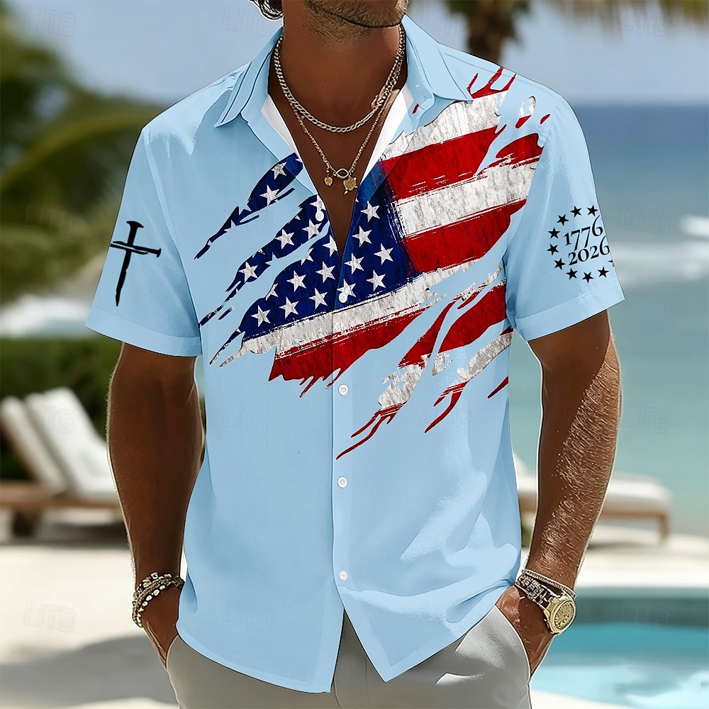 Camicia a maniche corte Button Down Patriottica con Bandiera Americana 250° Anniversario Uomini 1776 2026 Top Estivo per Vacanze del 2026 a $25.99 –P4