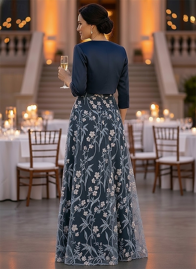 Due Pezzi Linea ad A Lunghezza al pavimento Abito da invitata a nozze Abito da cerimonia per signora Manica Corta Manica 3/4 Scollo a Barca Elegante Semplice Lussuoso Formale Ospite di nozze Raso del 2026 a $172.99 –P3