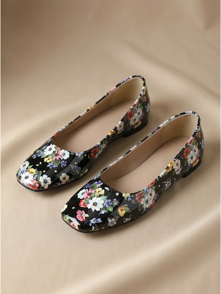 Per donna Quotidiano Floreale / Fiore Tacco basso Punta quadrata Moda Finta Pelle Mocassino Nero Rosso Verde del 2026 a $26.99 –P4