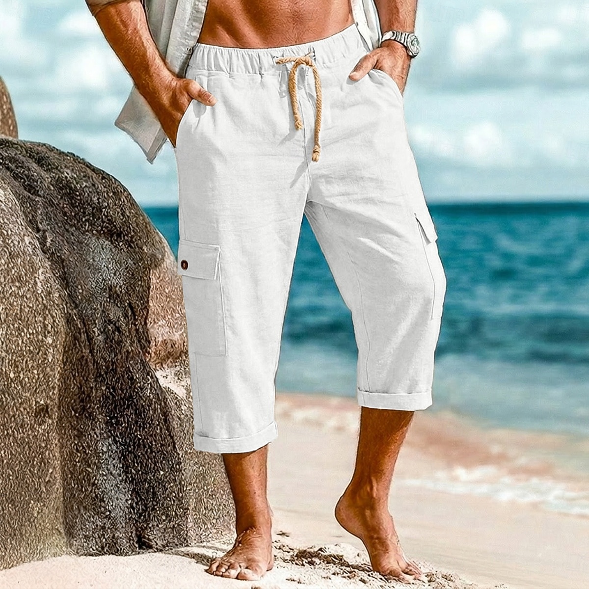 Men's Capri shorts Linen Pants Summer Shorts Baggy Pants Front Pocket Straight Leg Cargo Pocket Plain Comfort Breathable Calf-Length Casual Daily Outdoor Vacation Fashion White Khaki Inelastic 2026 - $26.99 –P4