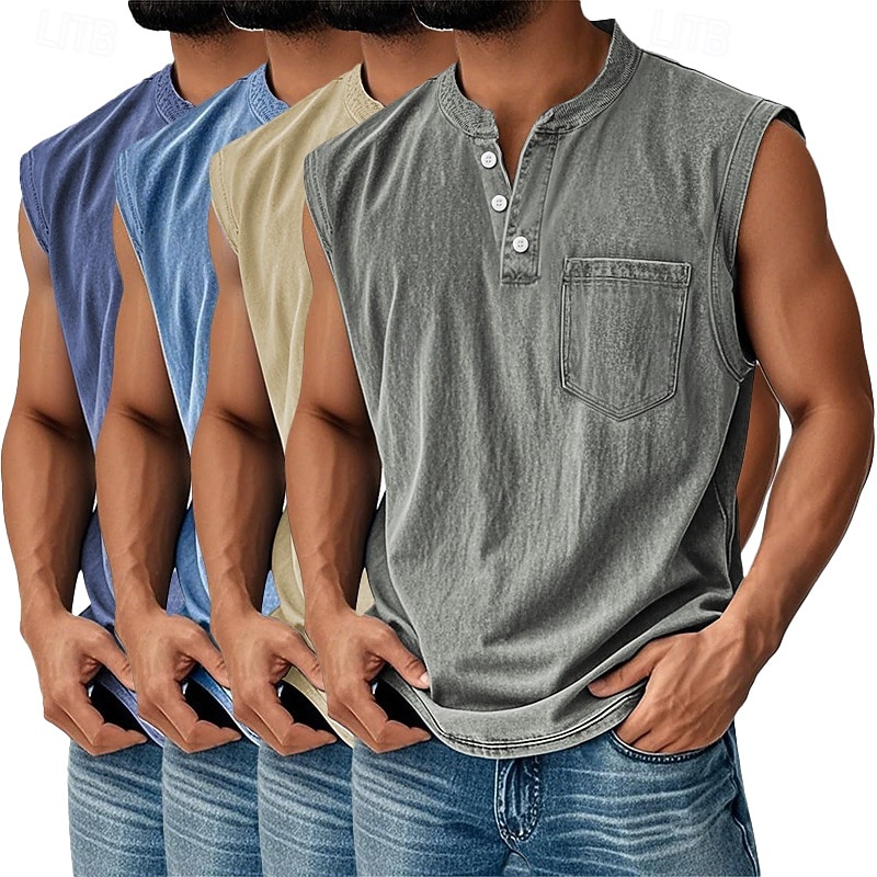 Men's 4-PCS Vest Top 100% Cotton Acid Wash Shirt Acid Wash Shirt Sleeveless Henley Summer Spring Plain Fashion Designer Basic Garment Dyed Vintage Washed Vacation Street Going out Top Tee for Men 2026 - $91.99 –P14