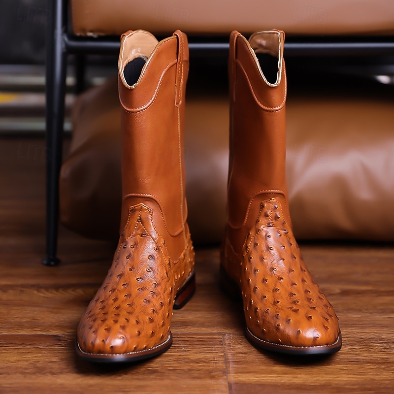 Men's Ostrich Texture Cowboy Boots – Premium Western Leather Boots for Music Festivals, Country Concerts, Outdoor Parties & Bar Nights 2026 - $69.99 –P4