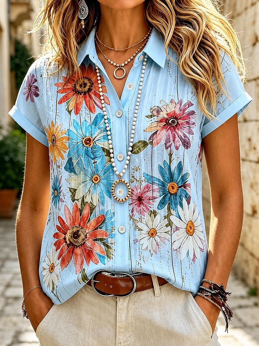 Damen Hemd Knöpfe Druck Blumen Grafik Täglich Stilvoll Lässig Kurzarm Hemdkragen Normale Oberteile Lässig Täglich Blau Weiß Purpur Sommer Frühling 2026 - $28.99 –P2