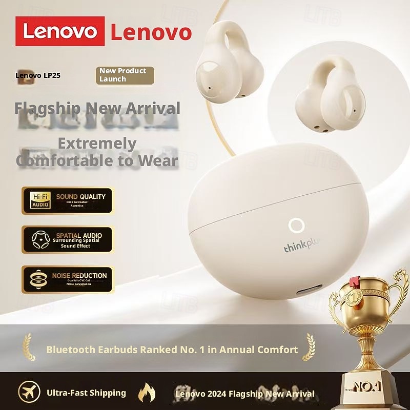 Lenovo ThinkPlus open-ear hoofdtelefoon, Bluetooth 5.4 draadloze clip-on oordopjes met luchtgeleiding, 360° ACS hifi stereo draadloze oordopjes met ENC ruisonderdrukkende microfoon, 24 uur 2026 - $35.99 –P1