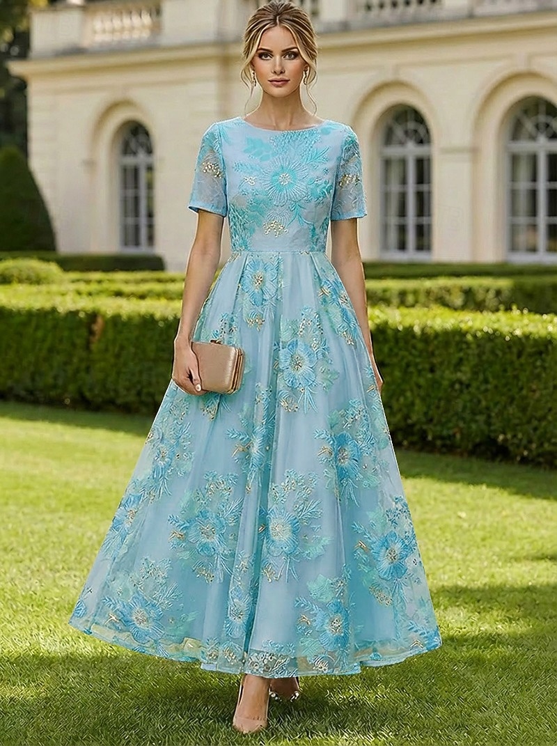 A-Linie Knöchellänge Tee-Länge Blumenkleid Cocktailkleider Elegant Blumen Halbformell / Cocktail Kurzarm U-Boot-Ausschnitt Gartenparty Hochzeit Organza Jacquard mit Falten 2026 - $182.99 –P4