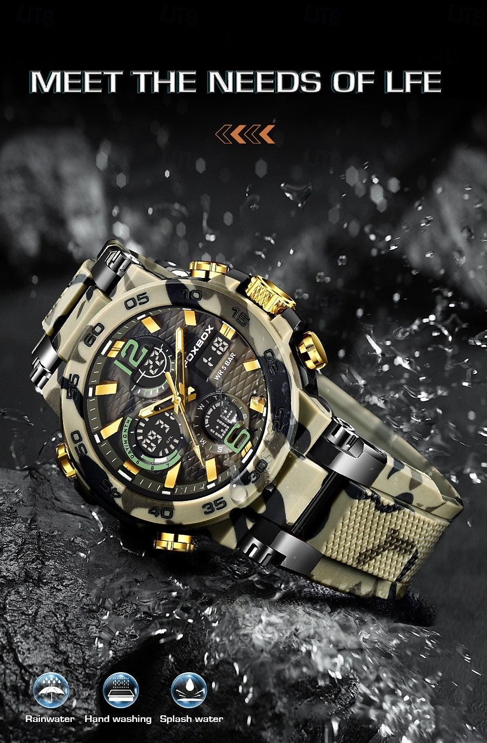 Foxbox heren militair sporthorloge, camouflage tactisch 50m waterdicht analoog digitaal horloge met dubbele display, quartz uurwerk, alarm, chronograaf en datumweergave, robuust outdoor polshorloge 2026 - $33.99 –P4