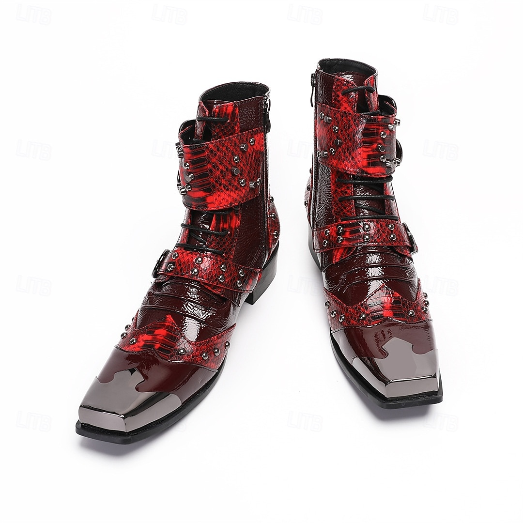 Men's Red Western Biker Boots – Exotic Buckle Ankle Boots, Vintage Cowboy Footwear for Motorcycle Riding, Concerts, Music Festivals and Nightlife 2026 - $149.99 –P8