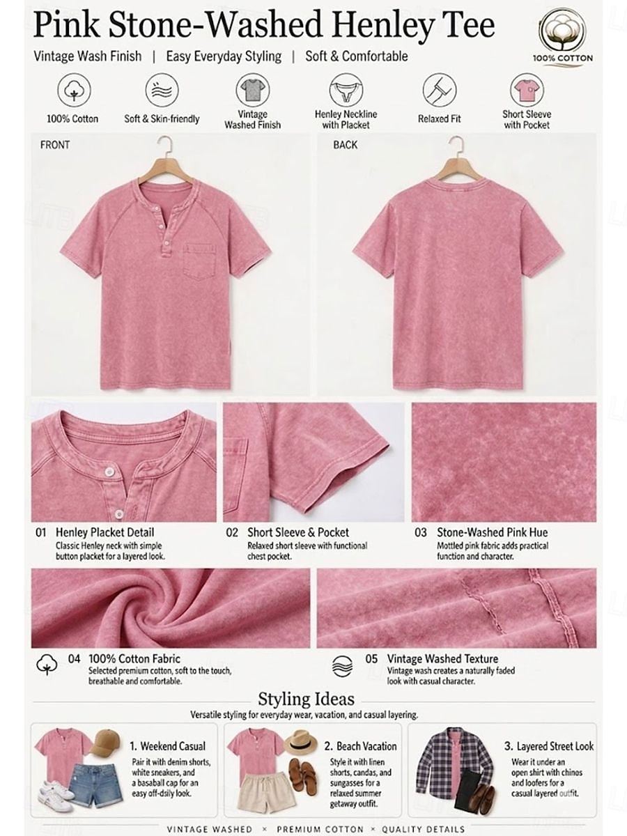 Camiseta feminina softfade™ 100% algodão estilo Henley - camiseta vintage de alta qualidade com manga curta, gola redonda e bolso. de 2026 por $27.99 –P3