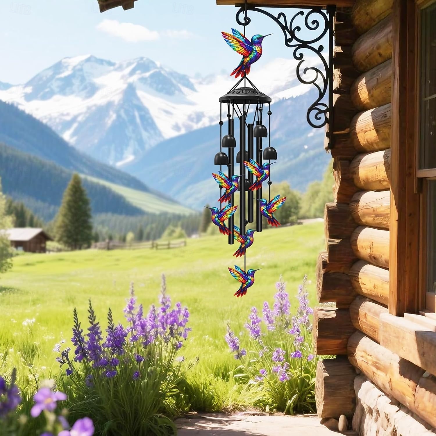 Buntes Vintage-Windspiel mit Kolibri-Motiv für draußen, schwarzes Metall-Windspiel für den Außenbereich, Geschenkideen für Frauen und Männer, Garten- und Hofdekoration, Erinnerungs- oder 2026 - $26.99 –P3