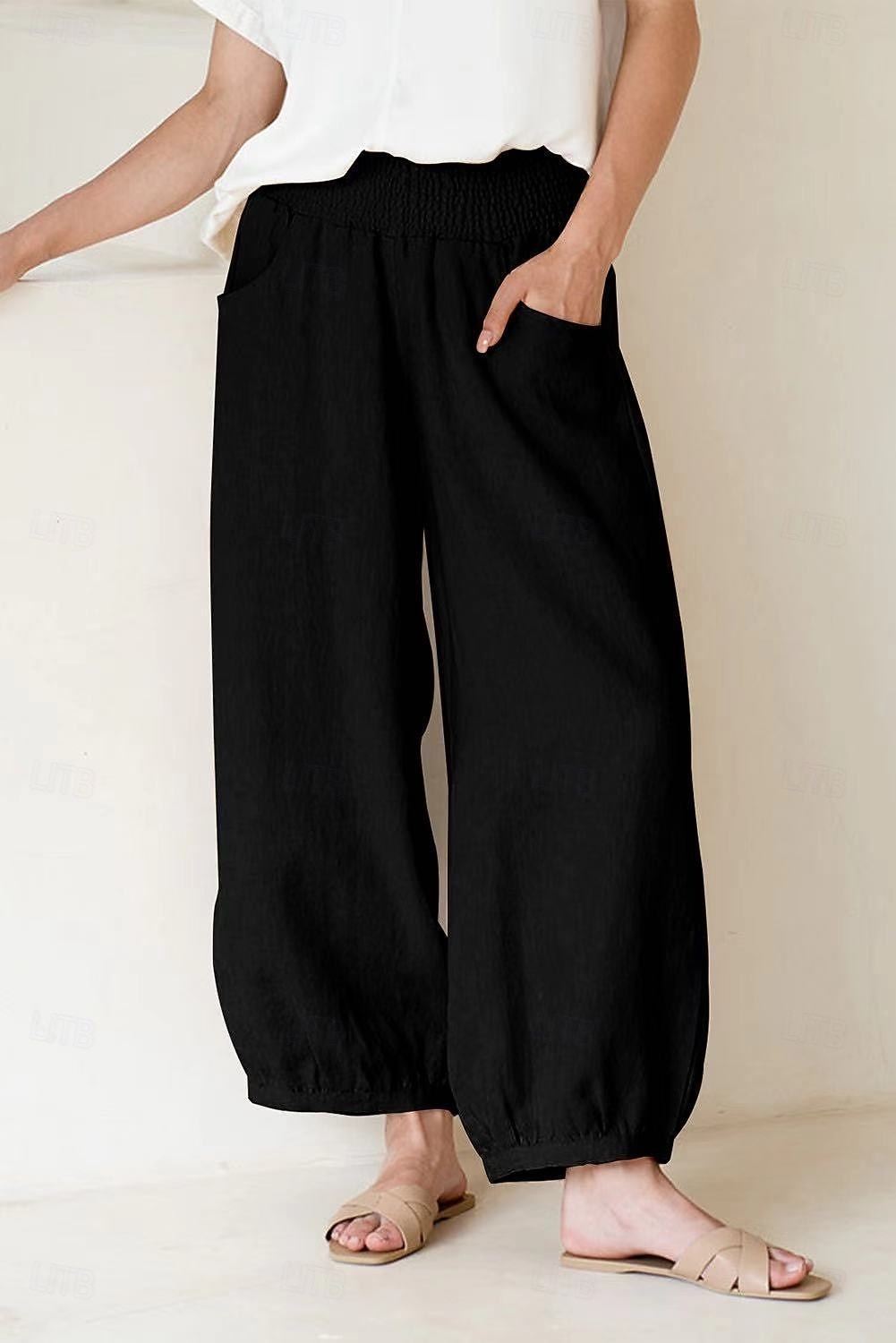 Women's Wide Leg Cropped Pants Fashion Casual Ankle-Length Medium Waist Solid Color Pocket Comfort Casual Vacation Dark Brown Khaki Black Summer Spring Loose Fit 2026 - $24.99 –P1