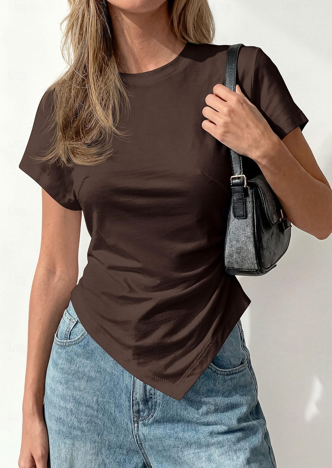 Mulheres Camisa Social Blusa Franzido Côr Sólida Roupa de rua Diário Manga Curta Gola Redonda Tops curtos Casual Azul Claro Preto Branco Rosa Marron Verão Primavera de 2026 por $22.99 –P14